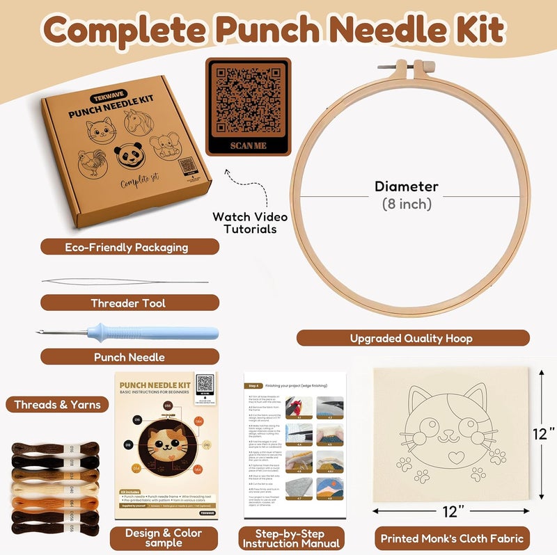 TEKWAVE Punch Needle Kit for Adults Beginners Cat Face Design, Step-by-Step Video Pre-Printed Pattern and Written Instructions, DIY Embroidery Set with Yarn, Fabric, Hoop for Home Decor Crafts - Image 2